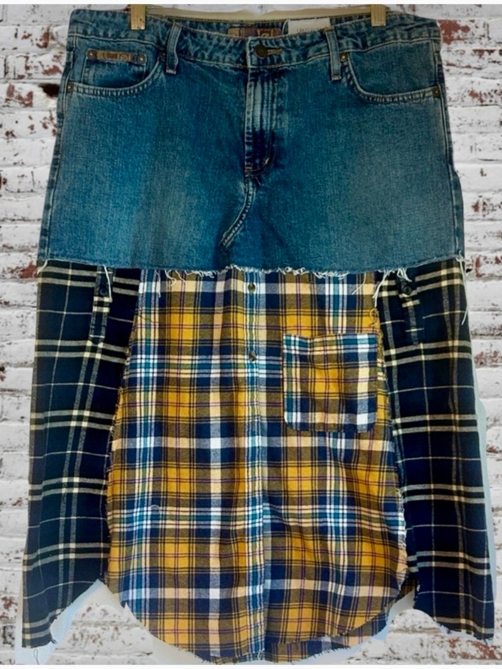 Upcycled denim and flannel shirt skirt